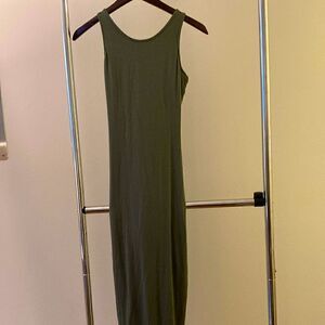 Mystique Long Column Tank Dress with deep V Draped back. Green. Size small.